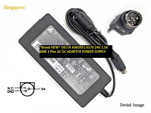 *Brand NEW* DELTA KA02951-0170 24V 2.5A 60W 3 Pins AC DC ADAPTER POWER SUPPLY - Click Image to Close